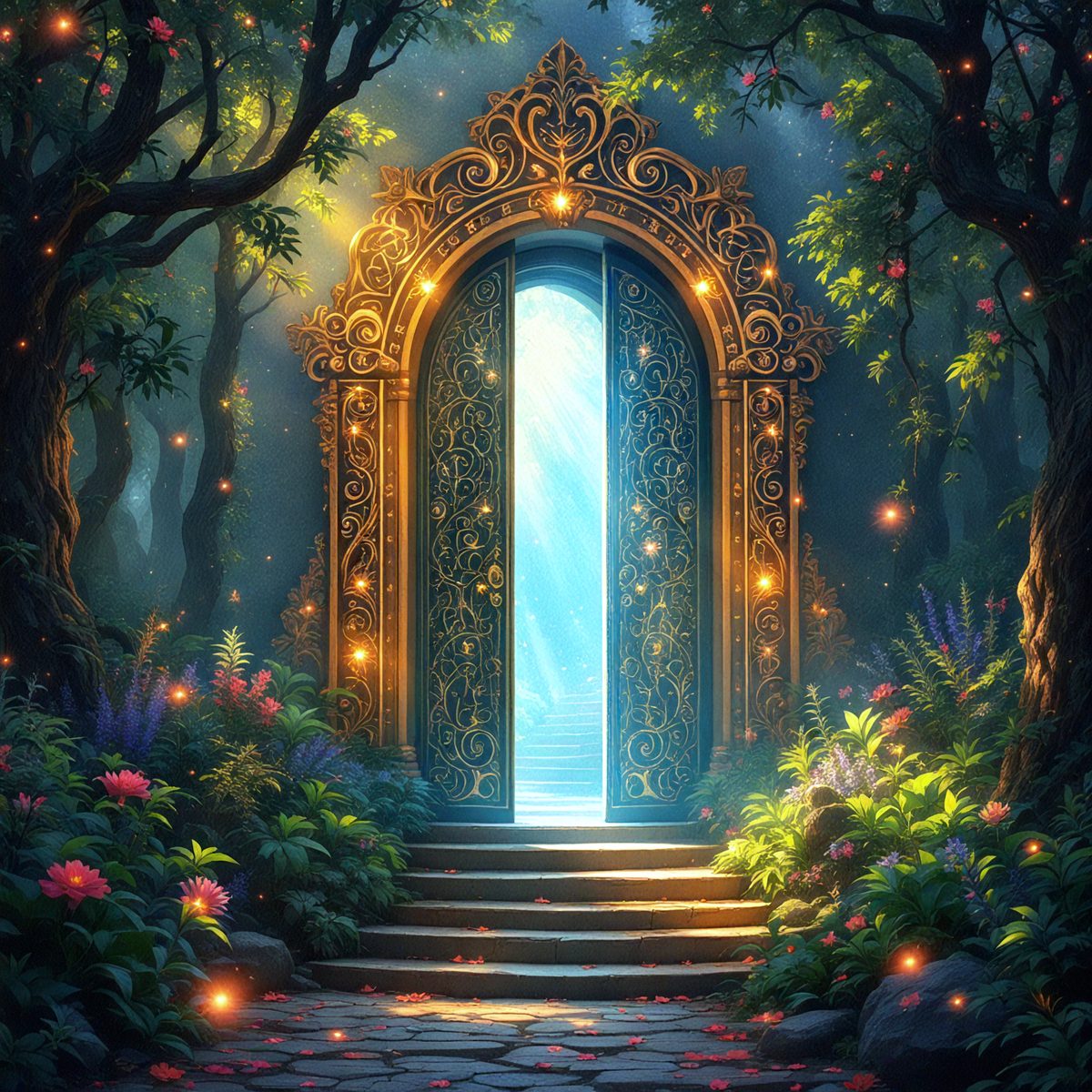 The primary subject of the image is a large, ornate doorway with a golden door, surrounded by a forest. The setting is a forest with trees and flowers, creating a serene and natural atmosphere. The visual style is digital art, as the doorway appears to be a part of a fantasy or fairy tale scene. The colors and mood are warm and inviting, with the golden door and surrounding flowers adding a sense of magic and wonder to the scene.
